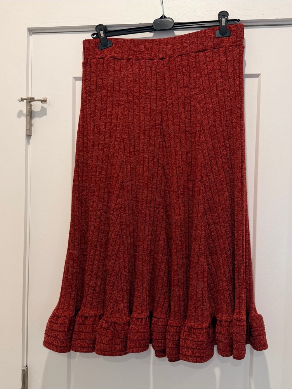 Anthropologie A-Line Ribbed Midi Skirt in Brick Red